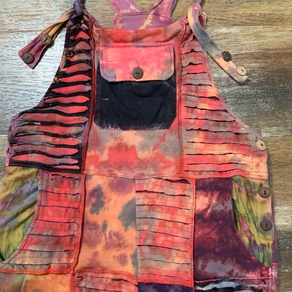 Tie Dye Razor Cut Patchwork Overalls Size OSFM - Picture 4 of 6